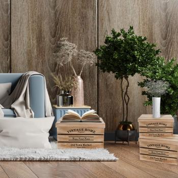 Preview: Deko-Holzkisten 3er-Set mit Deckel - Ineinander stapelbar & Vintage Landhaus-Stil - Braun/Schwarz aus Paulownia-Holz - 42x32x23.5cm - Vielseitig