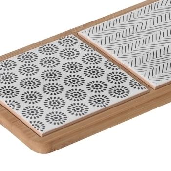 Preview: Servierbrett aus Bambus mit Griff - 3 Keramik-Plättchen braun/schwarz/weiss - Mediterranes Flair für Häppchen & Party - 44,1x12x1,2cm