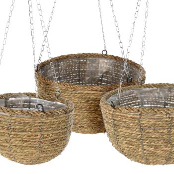 Preview: 3 Hänge-Pflanzkörbe Weide - Vintage Charme für Balkon, Garten & Terrasse - 3er-Set braun/silber Ø 20-30cm - Mit Innenfolie & Haken