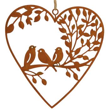 Preview: Hängedekoration Herz aus Metall - Rost-Finish braun 12x13cm - Landhaus-Stil Gartendeko mit zwei Vögeln für Innen & Aussen - Edle Geschenkidee
