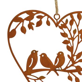 Preview: Hängedekoration Herz aus Metall - Rost-Finish braun 12x13cm - Landhaus-Stil Gartendeko mit zwei Vögeln für Innen & Aussen - Edle Geschenkidee
