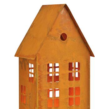 Preview: Windlicht Haus aus Metall - Rost-Finish, braun, Lichterhaus, Gartendeko für Terrasse & Balkon - 17x40x14cm, gemütliches Ambiente