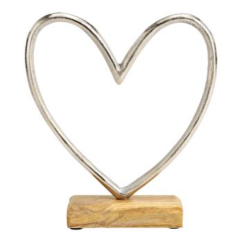 Aufsteller Herz aus Metall auf Mangoholz-Sockel - Edle Deko silber-braun für Wohnräume - 19x21x5cm - Aluminium Mango Holz Indien