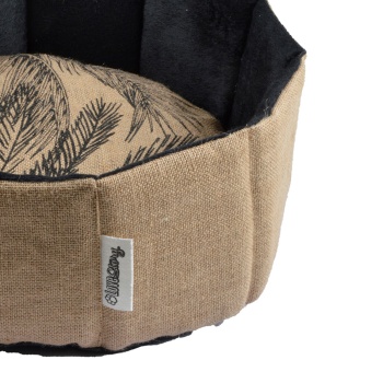 Preview: Haustier-Korb Rund - Jute & Polyester - Robust & Gemütlich mit Kissen - Pflanzen-Muster, 48x16 cm - Sicherer Schlafplatz für Hunde & Katzen