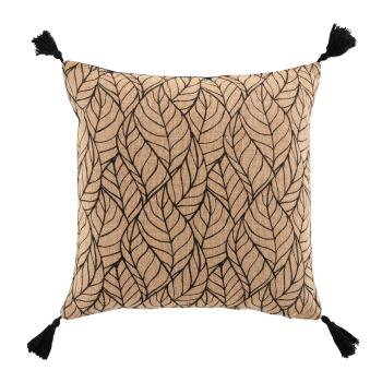 Kissenhülle Jute Baumwolle mit Bommeln - Elegantes Blatt-Muster für Sofa Couch Bett Lounge - Braun Schwarz 40x40cm - Inklusive Füllung