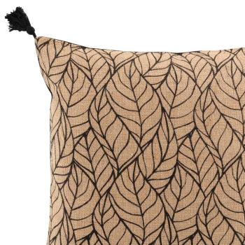 Preview: Kissenhülle Jute Baumwolle mit Bommeln - Elegantes Blatt-Muster für Sofa Couch Bett Lounge - Braun Schwarz 40x40cm - Inklusive Füllung