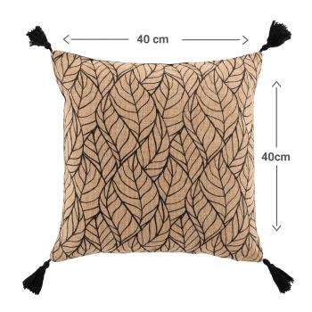 Preview: Kissenhülle Jute Baumwolle mit Bommeln - Elegantes Blatt-Muster für Sofa Couch Bett Lounge - Braun Schwarz 40x40cm - Inklusive Füllung