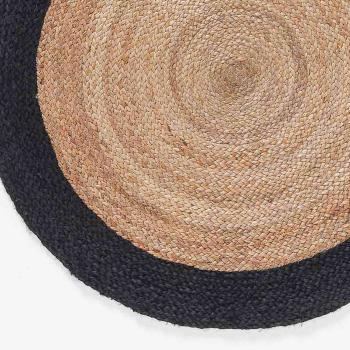 Preview: Runder Jute Teppich Schwarz-Beige – Modernes, nachhaltiges Bodendesign für stilvolles Zuhause – Ø 90 cm – Handgefertigt-Minimalistisches Muster