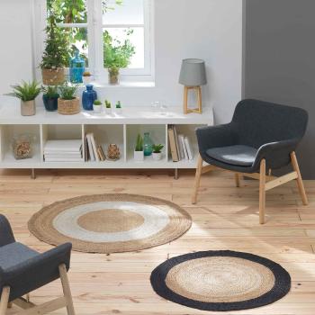 Preview: Runder Jute Teppich Schwarz-Beige – Modernes, nachhaltiges Bodendesign für stilvolles Zuhause – Ø 90 cm – Handgefertigt-Minimalistisches Muster