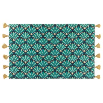 Rechteckiger Teppich - bunt/grün mit modernem Grafik-Muster & dekorativen Bommeln - aus hochwertiger Baumwolle - 50x80cm Bodenteppich für Schlafzimmer Flur