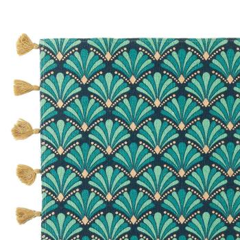 Preview: Rechteckiger Teppich - bunt/grün mit modernem Grafik-Muster & dekorativen Bommeln - aus hochwertiger Baumwolle - 50x80cm Bodenteppich für Schlafzimmer Flur