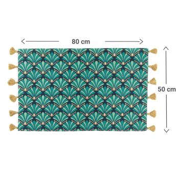Preview: Rechteckiger Teppich - bunt/grün mit modernem Grafik-Muster & dekorativen Bommeln - aus hochwertiger Baumwolle - 50x80cm Bodenteppich für Schlafzimmer Flur
