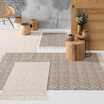 Preview: Baumwoll-Jute Teppich - Robuster Naturteppich mit filigranem Blattmuster & dekorativen Fransen - 120x170cm - Braun/Schwarz - Widerstandsfähig