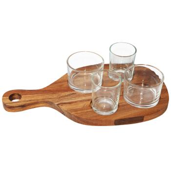 Servierbrett Akazienholz mit Griff - 4 Dipgläsern Servierschalen für Tapas Antipasti Apéro - Rustikales 5-teiliges Holz/Glas Set 30x16x1.5cm - Geschenkidee