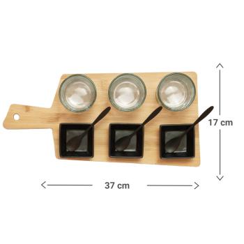 Preview: Vorspeisen Set 10-teilig - 6 Schälchen aus Keramik & Glas mit Aufschrift - Holz Servierplatte 37x17cm - für Tapas, Snacks, Salate, Desserts