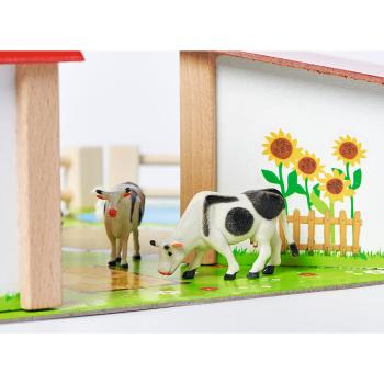 Preview: Bauernhof aus Holz – 20-teiliges Spielset mit 2 Gebäuden, Spielplatte, Figuren, Tieren, Zäunen – Pädagogisch wertvoll für Kinder ab 3 Jahren