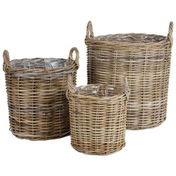 Praktisches 3er-Set Weidengeflecht-Körbe, Naturgrau-Braun – Runde Körbe mit Tragegriffen – Ideal für Haushalt, Garten & Dekoration