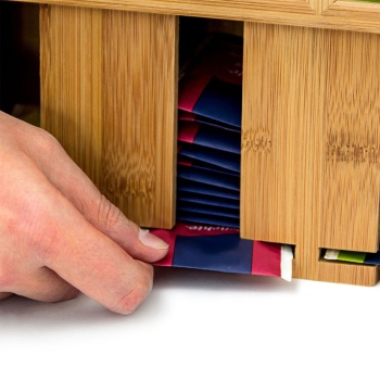 Preview: Teebeutelspender Bambus - 4 Fächer, Platz für über 160 Teebeutel - braun, 22x33.5x10 cm - mit Deckel & Griff - Naturholz Design - ideal für Küche, Büro