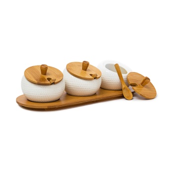 3er-Set Gewürzgläser aus Keramik - Dipschalen mit Deckel, Löffel & Bambus Brett - Marmeladenbar - Ø 9cm - Braun/Weiss - 130 Zeichen
