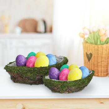 Preview: 2er-Set Dekoschalen Natur Schiff - Pflanztöpfe mit Innenfolie für Pflanzen & Deko - Aus Ästen & Gras, braun/grün, 36/30cm Länge