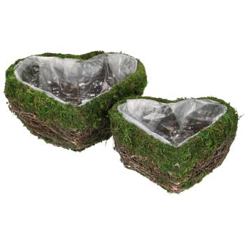 2er-Set Dekoschalen Natur Herz - Pflanztöpfe mit Innenfolie aus Ästen & Gras - Für Deko & Aufbewahrung - Ganzjährig - 24x20cm