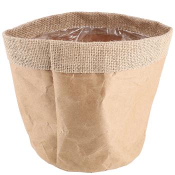 Pflanzsack aus Papier - Moderner Übertopf für Blumen & Kräuter mit Wolle-Applikation - Innenfolie schützt vor Nässe - Braun/Schwarz 16x17cm