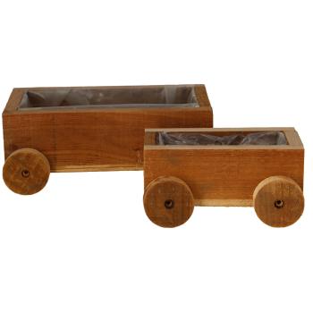 2er-Set Holz Pflanzentöpfe mit Rädern & Innenfolie - Karren-Optik Übertöpfe für Indoor & Outdoor - Kiefer, 26x14x14cm & 18x9.5x7cm