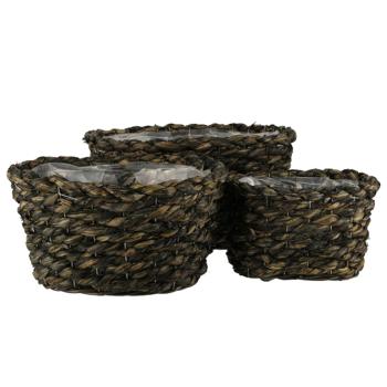 3er-Set Natur Pflanzentöpfe aus Gras-Geflecht - Übertöpfe mit Innenfolie dunkelbraun - Dekoration & Aufbewahrung - 3 Grössen - Handgefertigt
