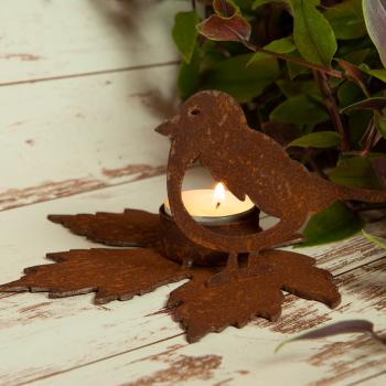 Preview: Teelichthalter Vogel aus Metall, Windlichtständer in Rostoptik, Höhe 15 cm