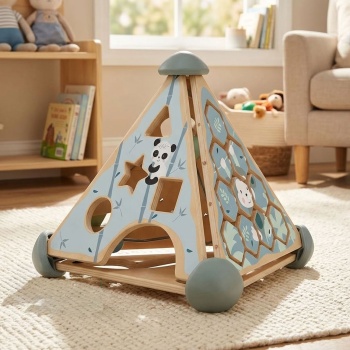 16-teilige Lernhilfe aus Holz für Kleinkinder - Pyramidenform Kugelbahn Steckspiel Memospiel Musikfunktion - Birkenholz 33x33x38cm - ab 1 Jahr Geschenk