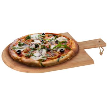 Preview: Pizza-Set aus Bambus - 3-teilig mit Pizzabrett, Schneider & Heber - Antibakteriell, geruchsneutral, Ø 43cm - Inkl. Haltegriff zum Aufhängen