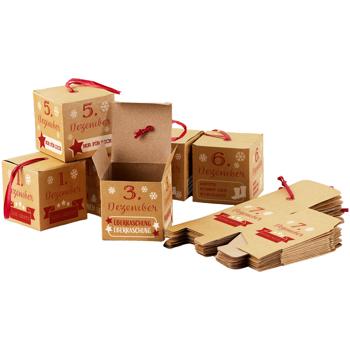 Preview: DIY Adventskalender zum Basteln - 24 Papp-Boxen mit Aufhängern - Wiederverwendbarer Weihnachtskalender für Süssigkeiten Schmuck - Braun/Rot/Weiss 6x6cm