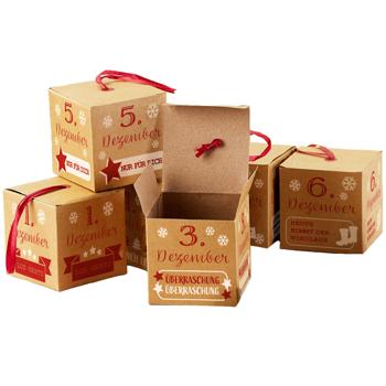 DIY Adventskalender zum Basteln - 24 Papp-Boxen mit Aufhängern - Wiederverwendbarer Weihnachtskalender für Süssigkeiten Schmuck - Braun/Rot/Weiss 6x6cm