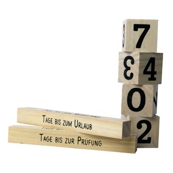 Preview: Holzwürfel Countdown Kalender - Zum Einstellen persönlicher Ereignisse wie Urlaub, Hochzeit & Geburtstag - Kiefernholz braun/schwarz 16x6x4cm, 2 Themenleisten
