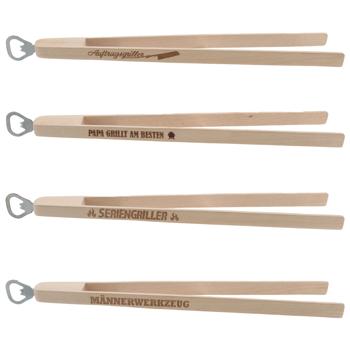 Grillzange mit Flaschenöffner und lustigem Spruch - Kochzange aus Buchenholz und Stahl - 25 cm - für Wurst Fleisch Salat Gemüse - Perfektes Partyzubehör