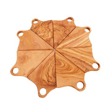 Preview: Pizza-Schneidebrett aus Olivenholz - 8-teiliges Set mit Halterung & Pizzastücke-Brettern - Antibakteriell, robust, handgefertigt in Italien