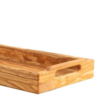 Preview: Serviertablett Olivenholz - Holztablett mit zwei Tragegriffen - Robust, langlebig - Zum Servieren von Tee, Kaffee, Gebäck, Tapas, Sushi - 41x24x6cm
