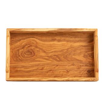 Preview: Serviertablett Olivenholz - Holztablett mit zwei Tragegriffen - Robust, langlebig - Zum Servieren von Tee, Kaffee, Gebäck, Tapas, Sushi - 41x24x6cm