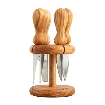 Preview: Käsemesser Set 5-teilig aus Olivenholz - Mit dekorativem Ständer für alle Käsesorten - Handgefertigt in Italien - 9x9x16cm - Ideal als Geschenk