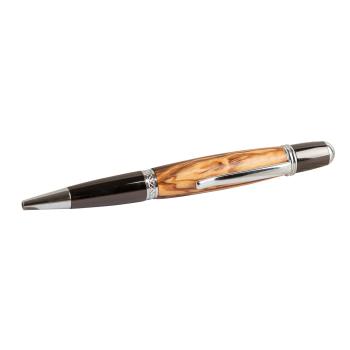Preview: Olivenholz Kugelschreiber mit Metall-Details - Edler Holz-Kugelschreiber für Büro & Geschenk - Handgefertigt - braun/schwarz/silber - 40g - Unikat