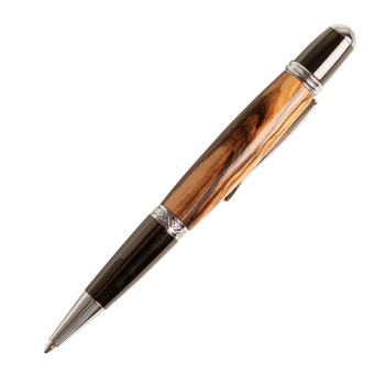 Olivenholz Kugelschreiber mit Metall-Details - Edler Holz-Kugelschreiber für Büro & Geschenk - Handgefertigt - braun/schwarz/silber - 40g - Unikat