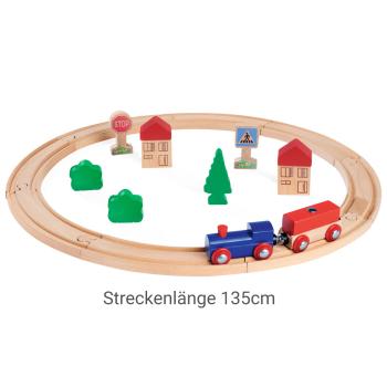 Preview: 20-tlg. Holzeisenbahn Set – FSC® Buchenholz Zug mit Schienen, Lok, Wagons, Bäumen & Häusern – 135cm Strecke, kompatibel – Fördert Motorik, Kreativität
