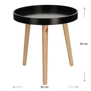 Preview: Designer Couchtisch rund aus Holz - Ablage mit schwarzer Tablett-Tischplatte & 3 beigen Füssen - 39x40cm - Stilvoller Wohnzimmertisch Beistelltisch