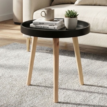 Designer Couchtisch rund aus Holz - Ablage mit schwarzer Tablett-Tischplatte & 3 beigen Füssen - 39x40cm - Stilvoller Wohnzimmertisch Beistelltisch