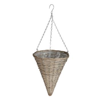 Blumenampel Trichter-Form Weidengeflecht - Hängender Blumentopf braun/silber mit Haken & Pflanzenfolie - Vintage Deko für Balkon Terrasse 30x38cm