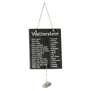 Deko Schiefertafel Wetterstein mit Aufschrift - Lustiger Wetteranzeiger für Garten & Aussenbereich - Moderne Wetterwarte mit Stein - Schwarz - 20x25cm