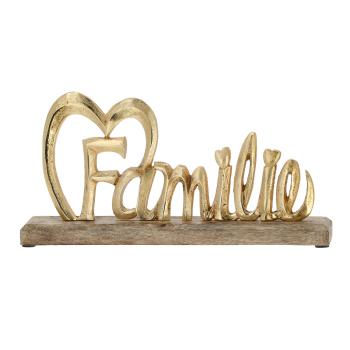 Schriftzug Familie aus Holz & Aluminium - Aufsteller & Wanddeko gold/braun mit Herz - 32x16x5 cm - Ideales Geschenk für Zuhause
