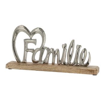 Deko-Schriftzug "Familie mit Herz" - Holz & Aluminium Aufsteller - Modernes Wohnaccessoire für Wände, Flure & Küchen - Silber/Braun - 32x16x5cm