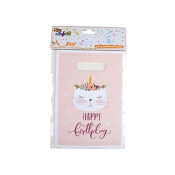 Preview: Geschenktüten Happy Birthday 6er-Set - Bonbontüten mit Katzen-Motiv - Süssigkeiten Taschen mit Henkel - 16,2x23cm - Nachhaltige Kindergeburtstag-Verpackung