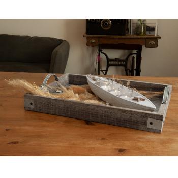 Preview: Teelichthalter Boot Holz Maritim - 3 Teelichtgläser Muscheln Seestern - Weiss Braun Glas MDF 40x10x8cm - Wohnzimmer Bad Deko